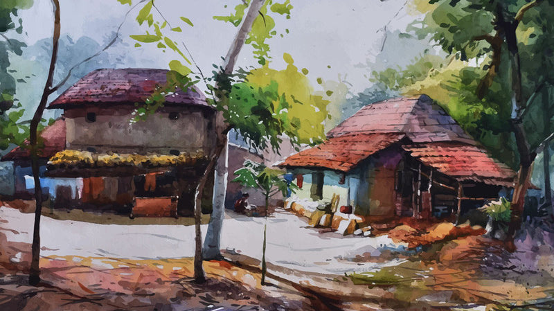 A picturesque, serene view of Konkan houses.