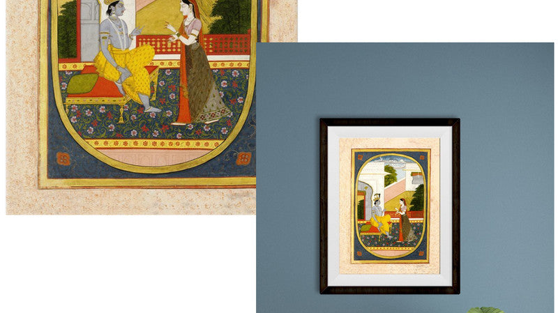 The relationship of Radha and Krishna is very well known. This artwork depicts them talking in their courtyard.