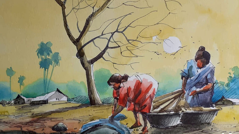 Two women, at the riverside, washing their clothes.
