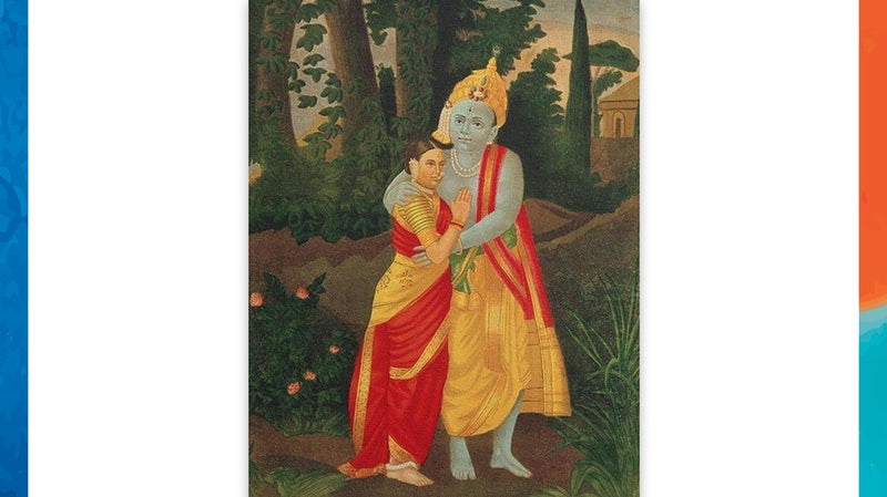Krishna embraces Radha in the traditional Indian style