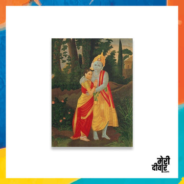 Krishna embraces Radha in the traditional Indian style