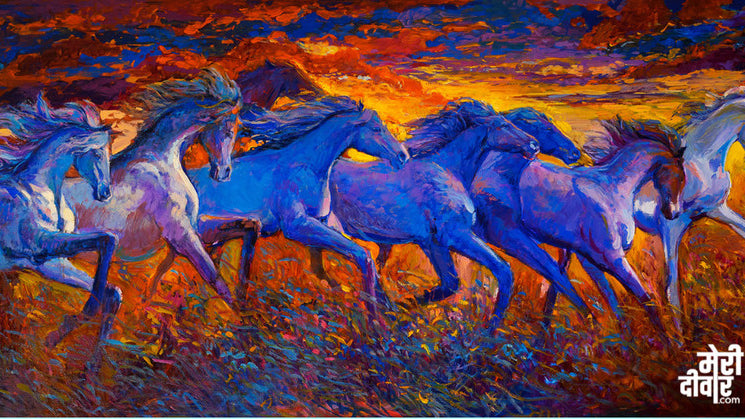 he majestic horses running with a backdrop of the fiery atmosphere is a painting that will fire up your motivations!