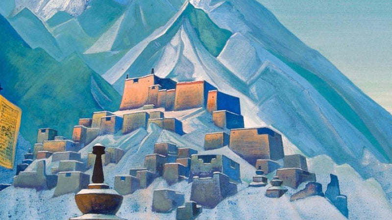 The painting shows the beautiful Tibetan settlement in the lap of the Himalayas.