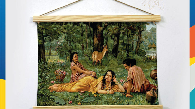 This painting by Raja Ravi Varma depicts Shakuntala in a melancholic pose with her sakhis in the garden.