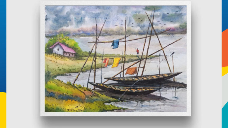 This serene painting depicts the scene of houseboats anchored in a backwater