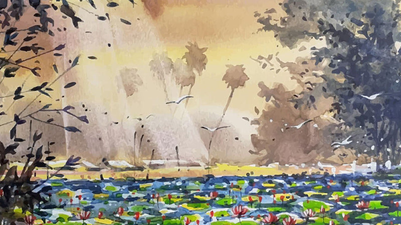 Morning scene of a lotus filled pond.