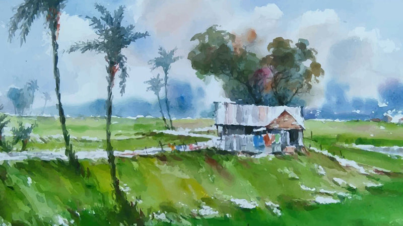 Indian village hut, watercolor painting.