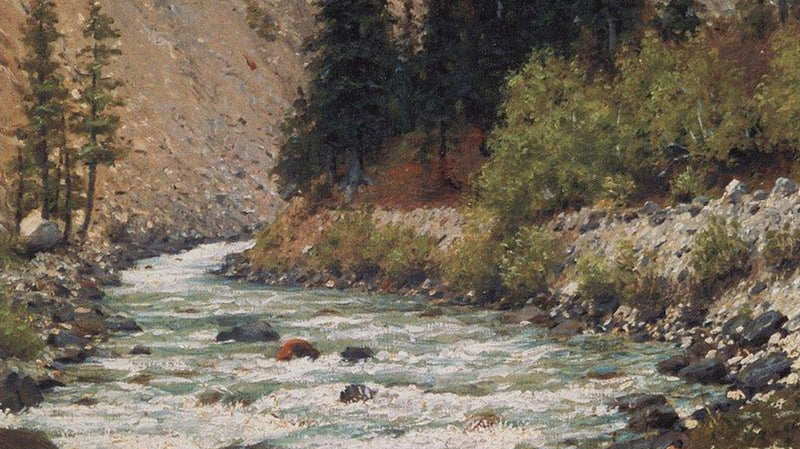 Mountain stream in Kashmir, watercolor painting.