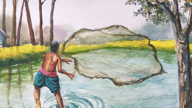 This painting portrays a fisherman in the midst of his fishing adventures