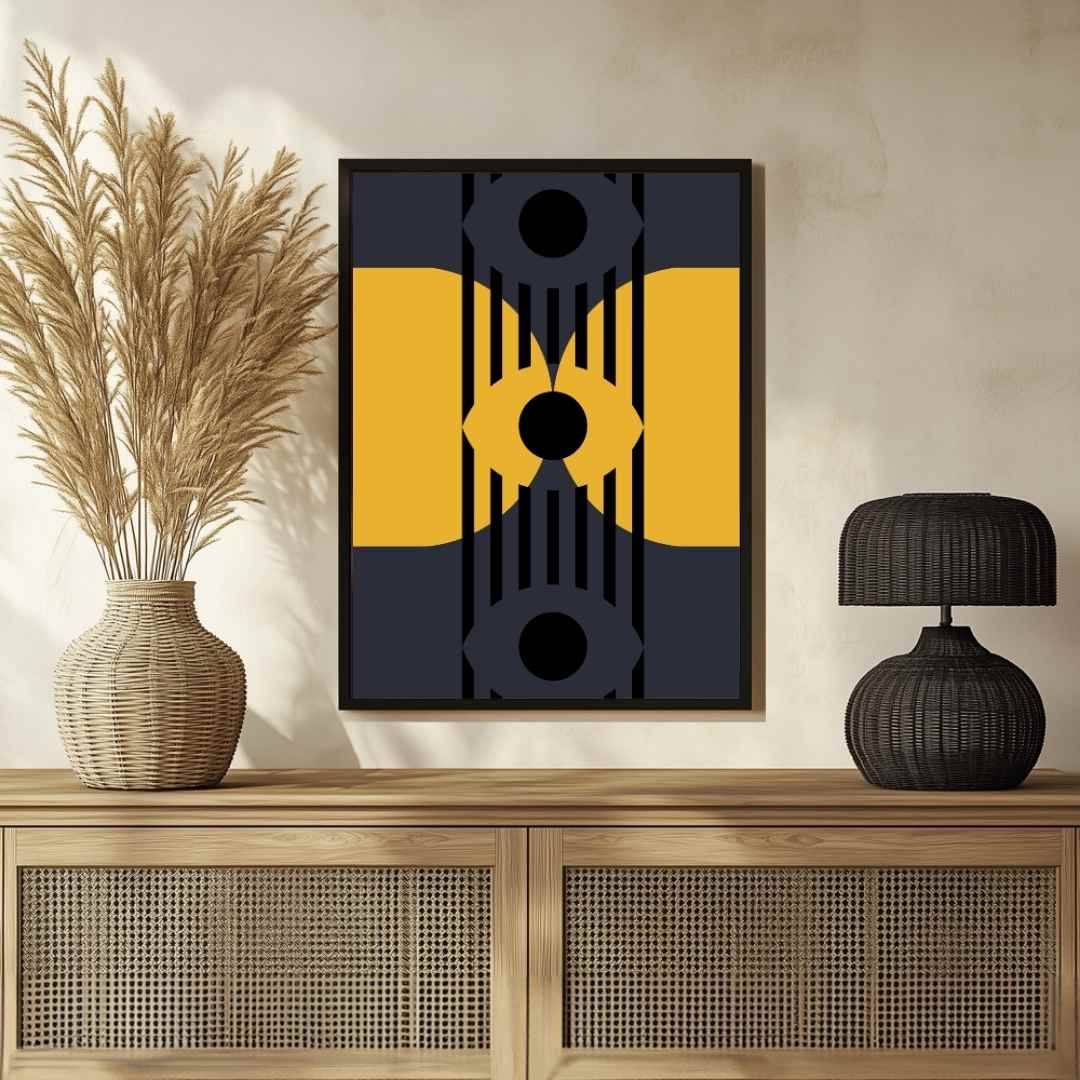 Bauhaus Geometric Dark Abstract Eyes Wall Art | Mustard & Navy Retro Framed Print 2 : 3 Vertical Premium Wall Art Canvas by MeriDeewar
