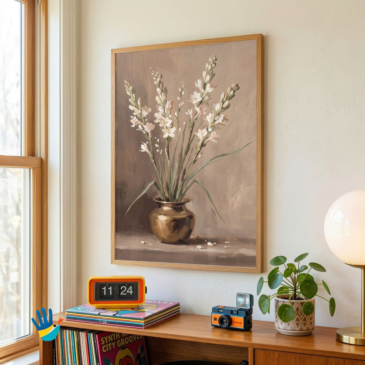 Rajnigandha in a Brass Lota | Tuberose Still Life Art 3 : 4 Vertical Premium Wall Art Canvas by MeriDeewar