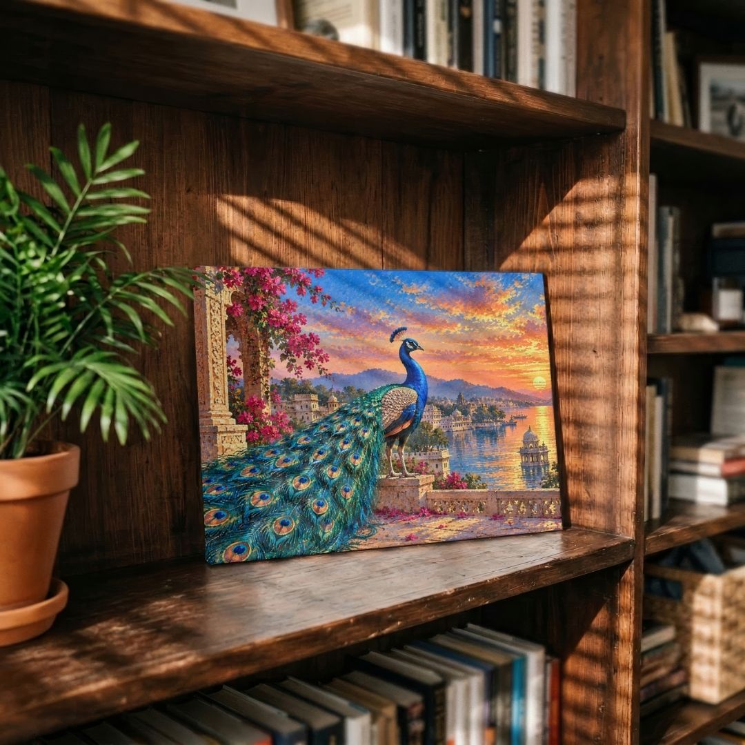 Mayura of Mewar | Udaipur Lake Sunset Peacock Gallery Wrap Canvas Curate Gallery Wrap Premium Wall Art Canvas by MeriDeewar