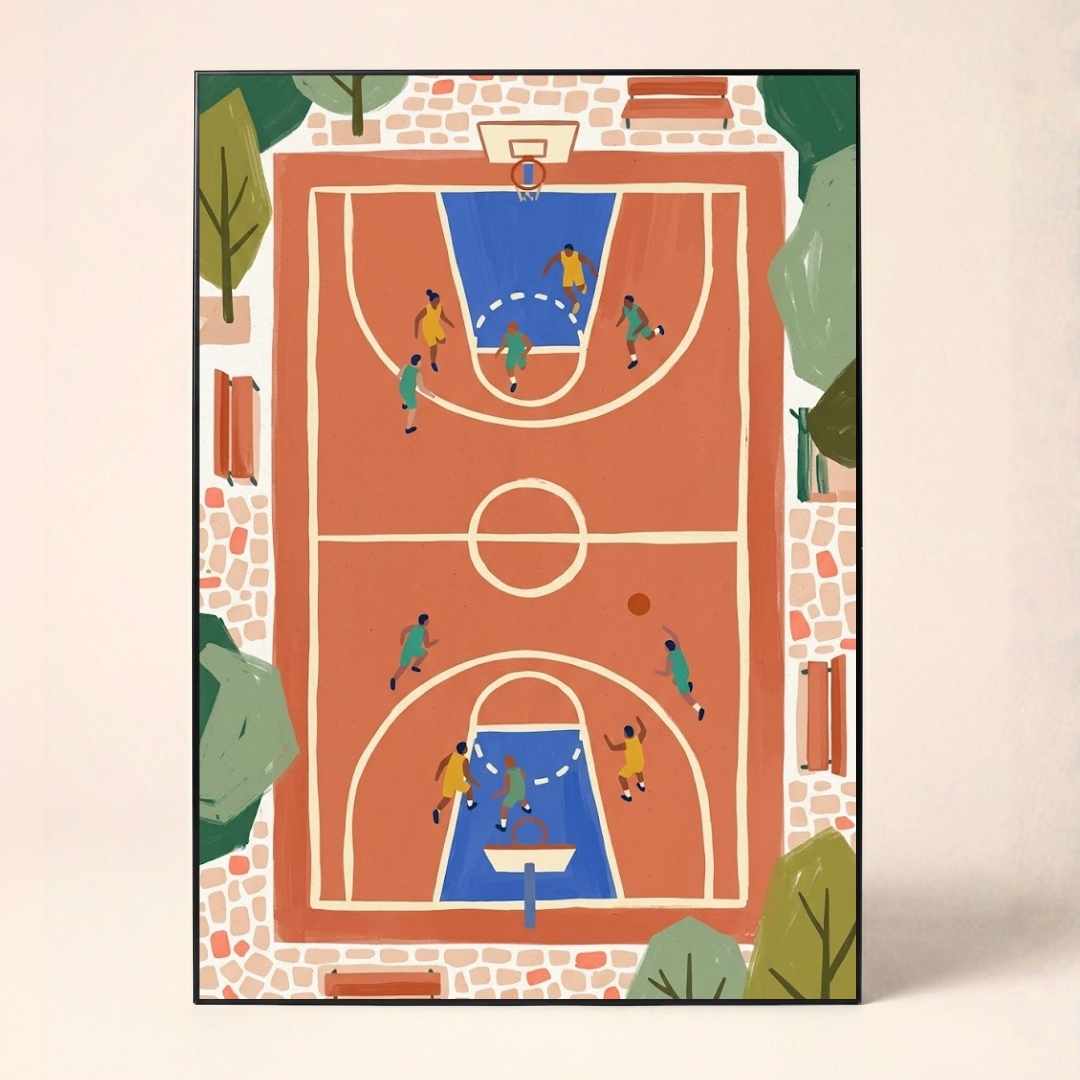 "Aerial Basketball Court" Overhead Sports Art Poster | Vertical Borderless Art Frame Poster Premium Wall Art Canvas by MeriDeewar