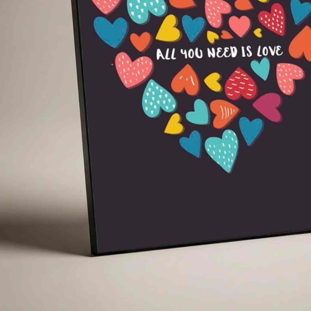 "All You Need is Love" Colorful Hearts Poster | Vertical Borderless Art Frame Poster Premium Wall Art Canvas by MeriDeewar