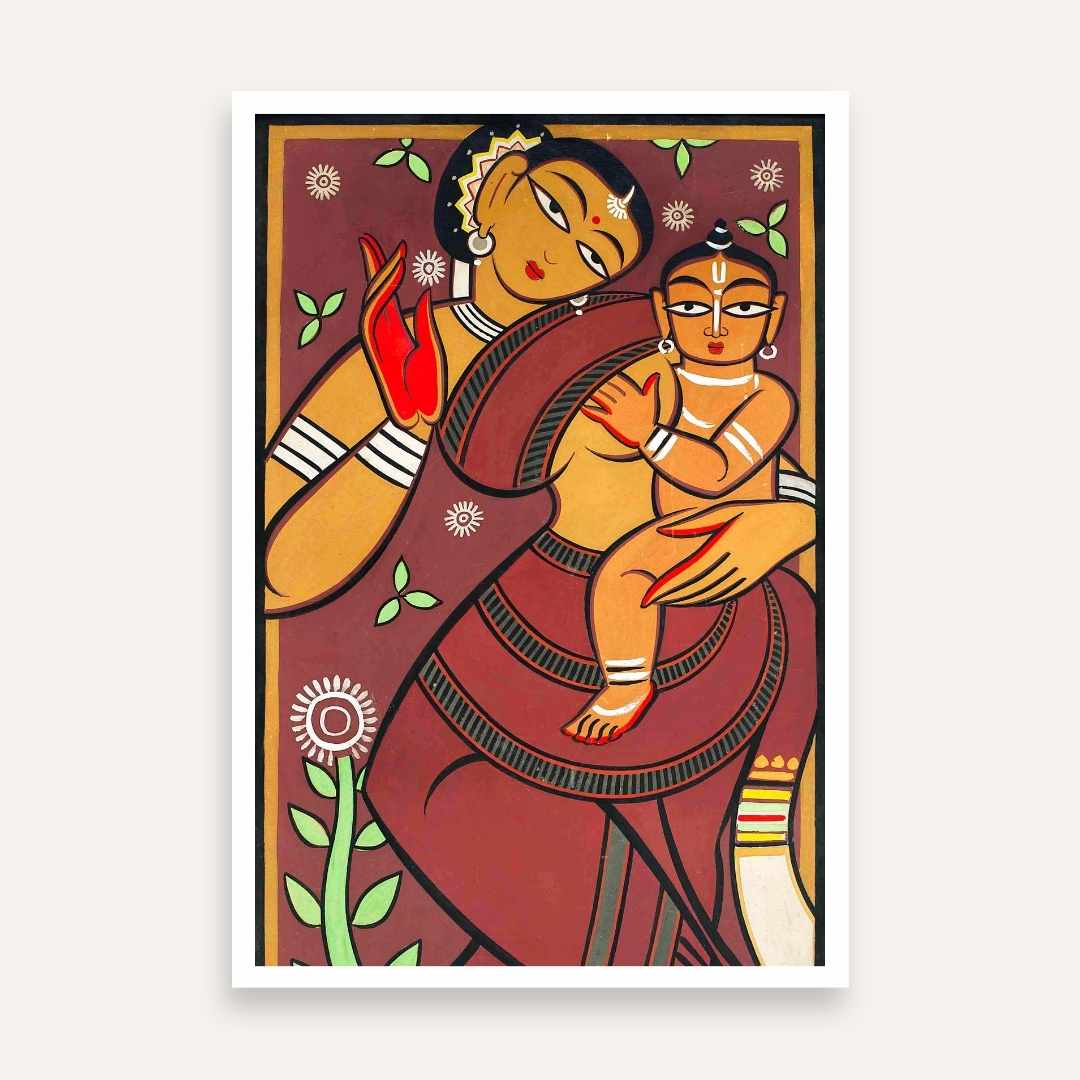 "Mother and Child" Jamini Roy Painting | Fine Art Wall Art 2 : 3 Vertical Premium Wall Art Canvas by MeriDeewar