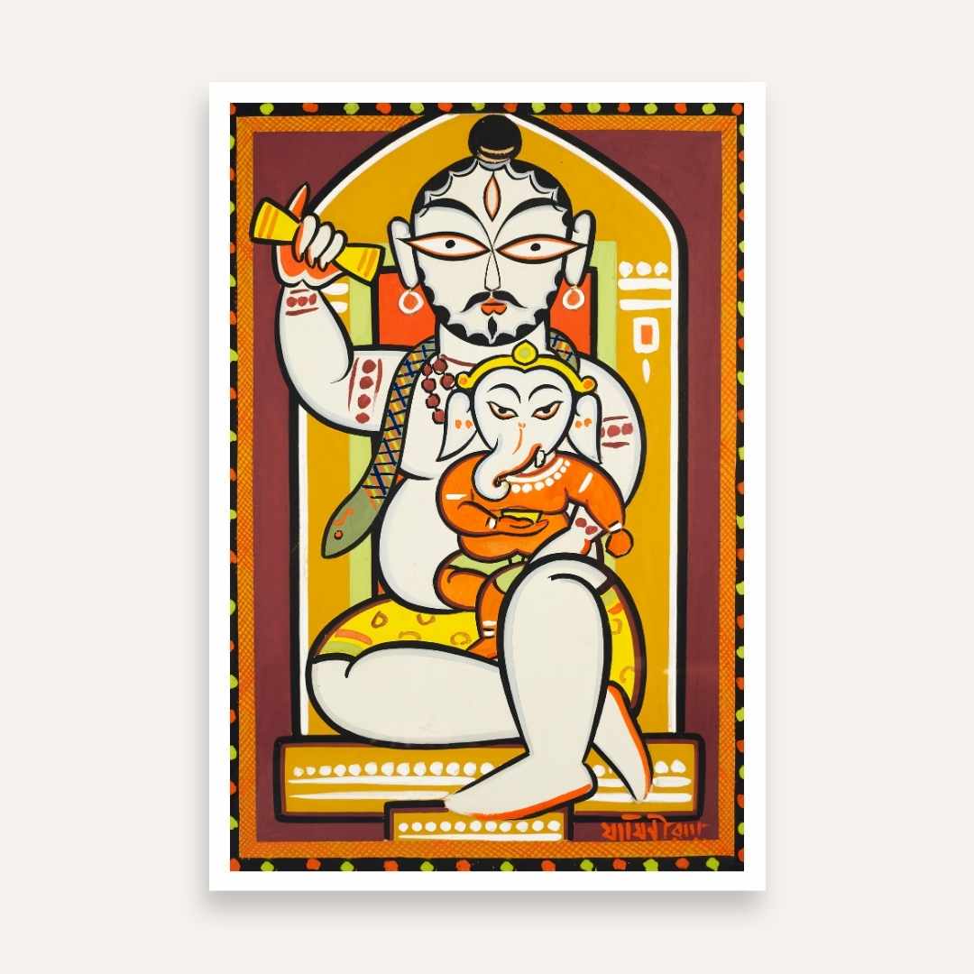 "Shiva and Ganesha" Jamini Roy Painting | Fine Art Wall Art 2 : 3 Vertical Premium Wall Art Canvas by MeriDeewar