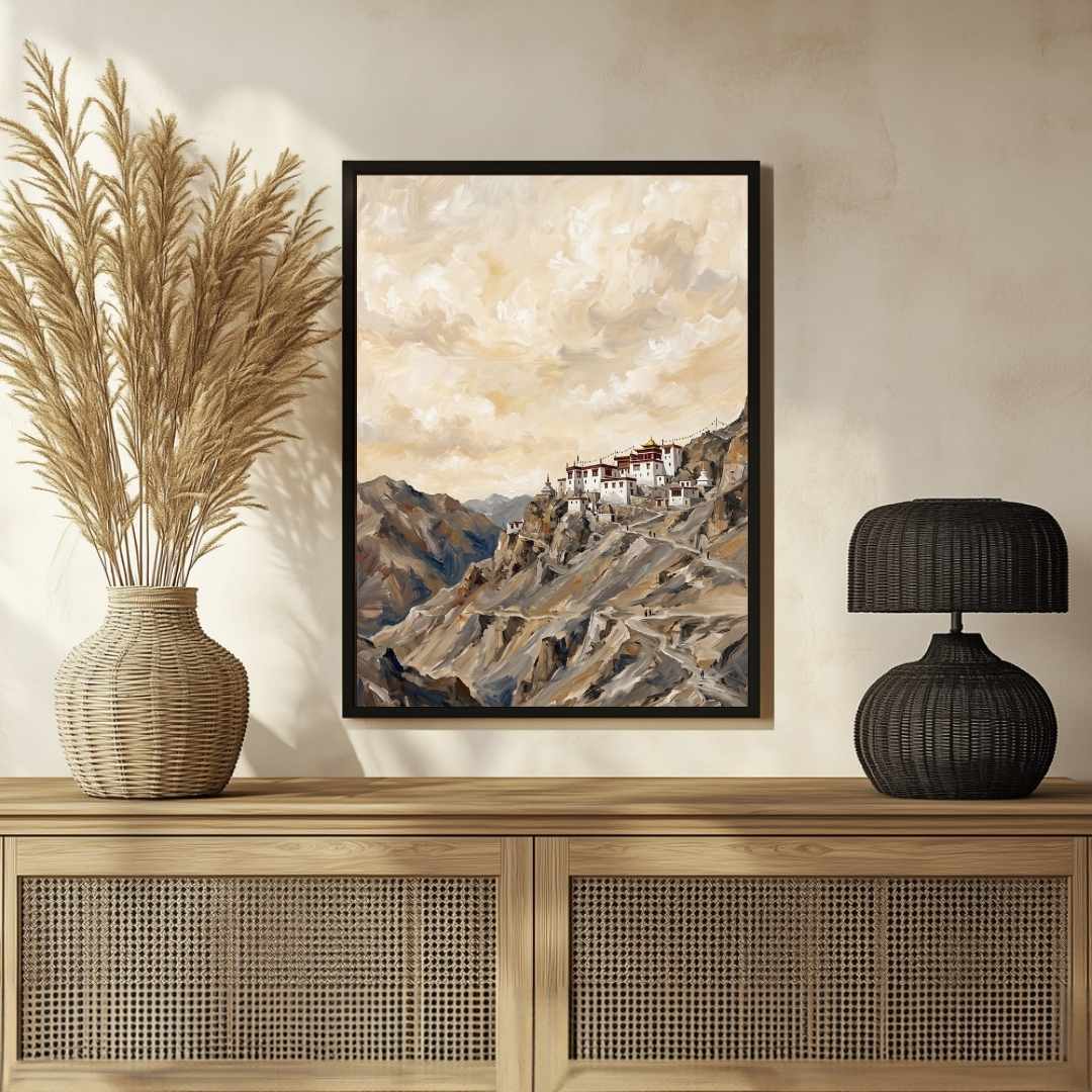 "Ladakh Cliffside Monastery" Mountain Architecture Giclée Print | Fine Art Wall Art 2 : 3 Vertical Premium Wall Art Canvas by MeriDeewar