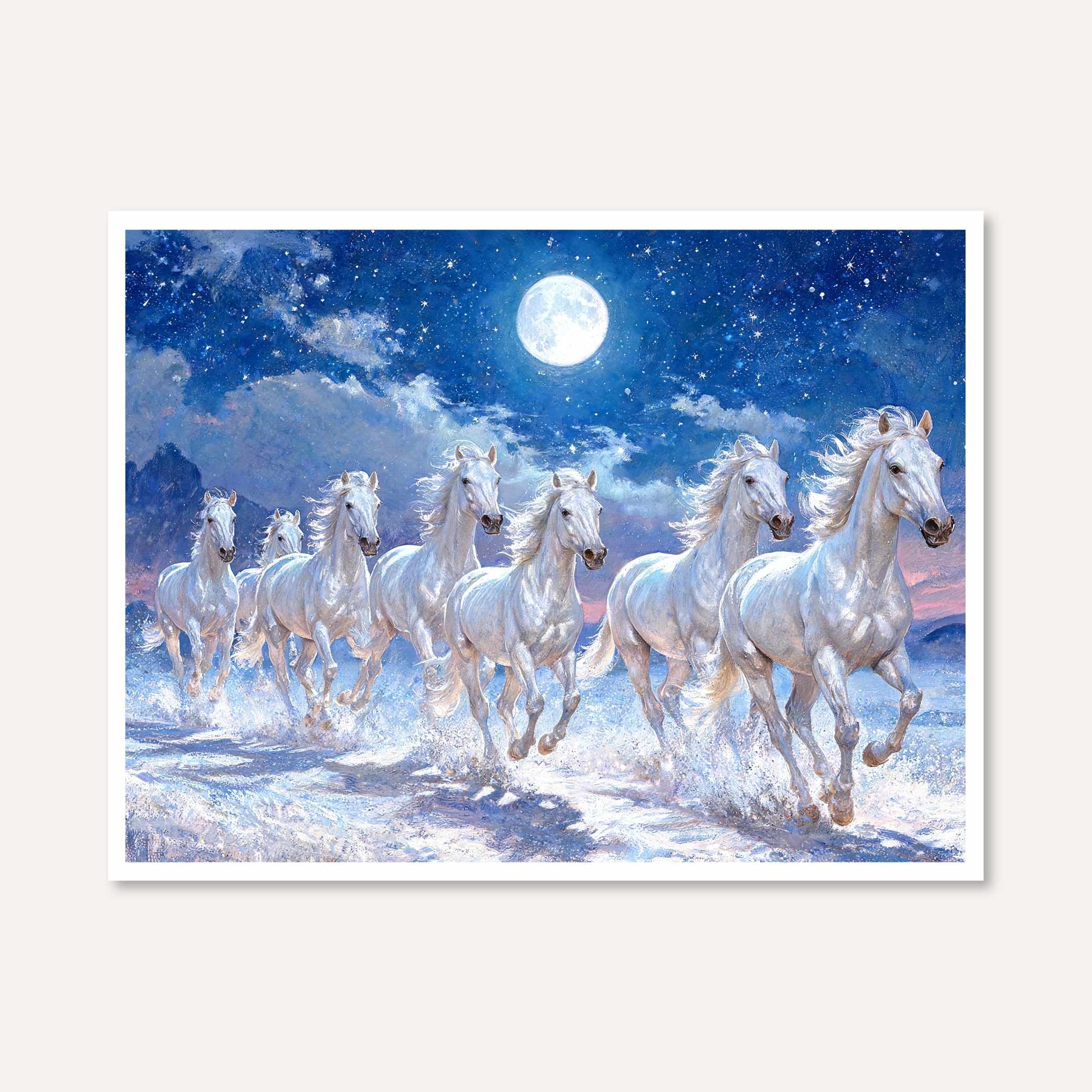 Seven Horse Painting Vastu for Living Room | Moonlight White Horses Wall Art | Giclée Print 3 : 2 Horizontal Premium Wall Art Canvas by MeriDeewar