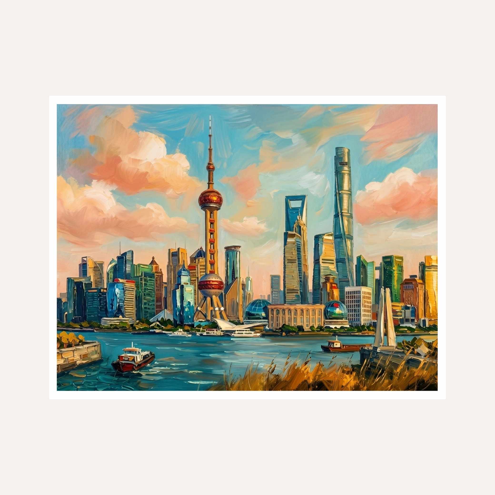 "Shanghai Riverside Horizon" City Skyline Architecture Giclée Print | Fine Art Wall Art 2 : 3 Horizontal Premium Wall Art Canvas by MeriDeewar