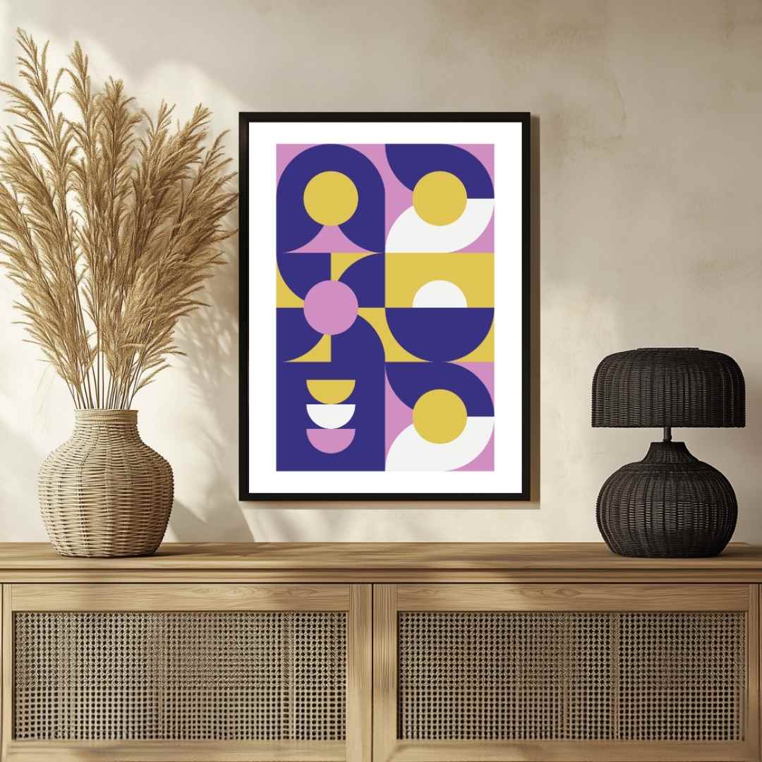 Bauhaus Abstract Geometric Indigo & Lavender Wall Art | Retro Modern Framed Print 2 : 3 Vertical Premium Wall Art Canvas by MeriDeewar