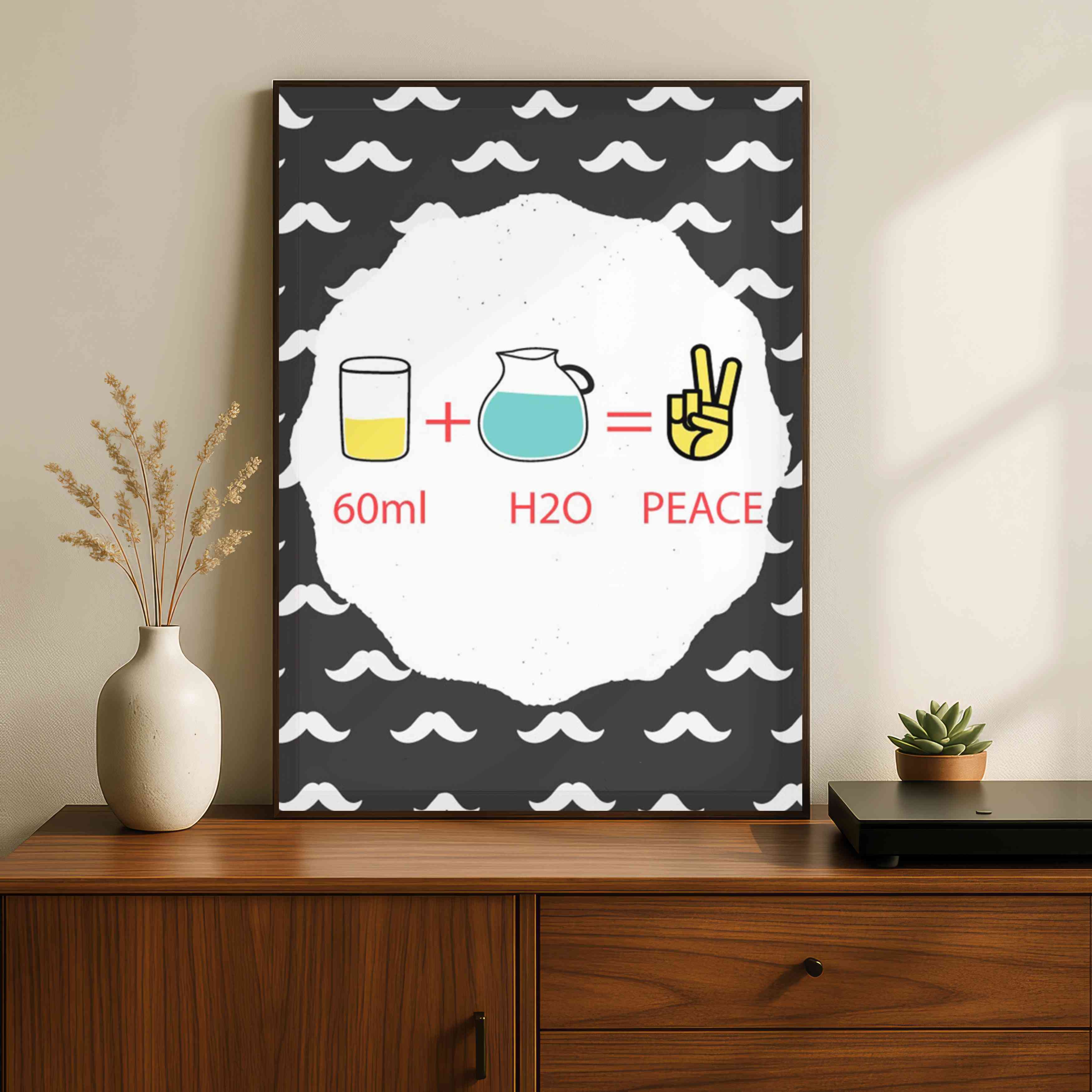 "60ml + H2O = Peace" Quirky Equation Poster | Vertical Borderless Art Frame Poster Premium Wall Art Canvas by MeriDeewar