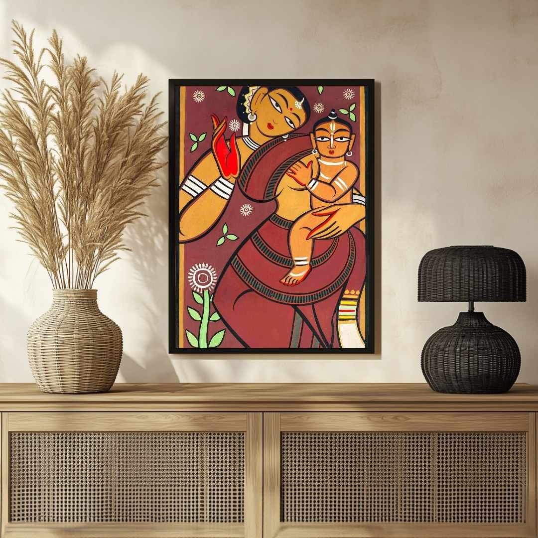 "Mother and Child" Jamini Roy Painting | Fine Art Wall Art 2 : 3 Vertical Premium Wall Art Canvas by MeriDeewar