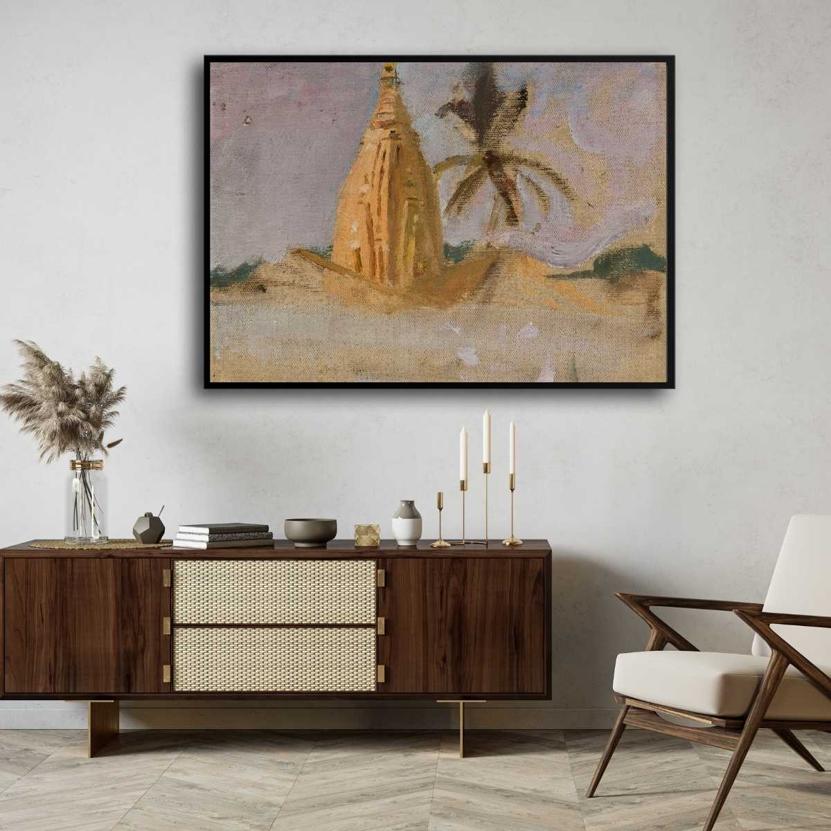 Desert Temple & Palm Oil Painting | Horizontal Framed Print 4 : 3 Horizontal Premium Wall Art Canvas by MeriDeewar