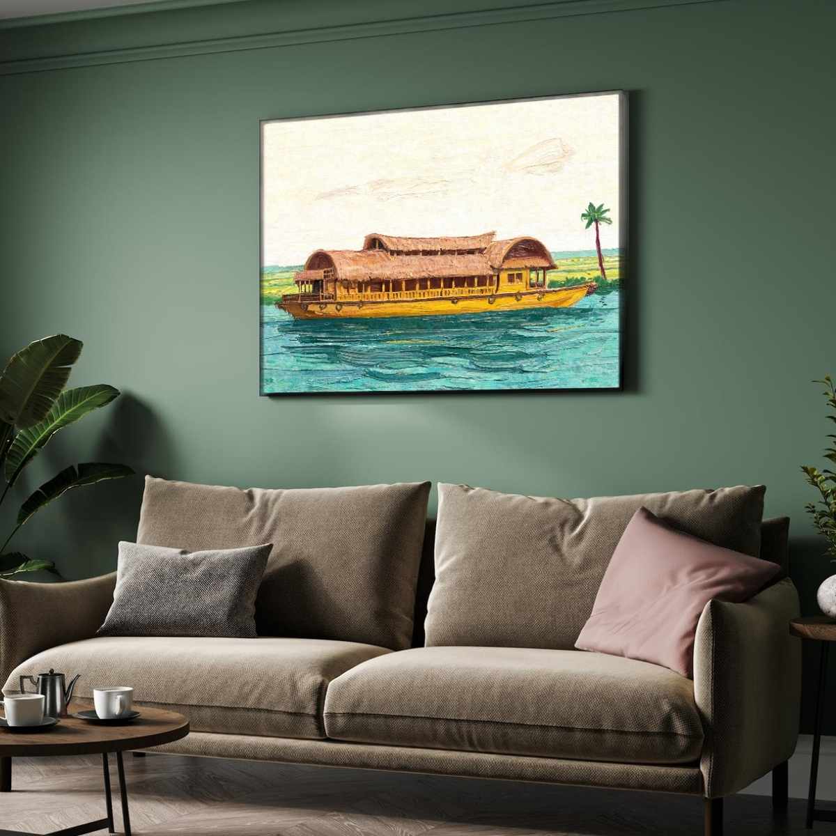 "Backwater Serenade" Kerala Houseboat Landscape Giclée Print | Fine Art Wall Art 2 : 3 Horizontal Premium Wall Art Canvas by MeriDeewar