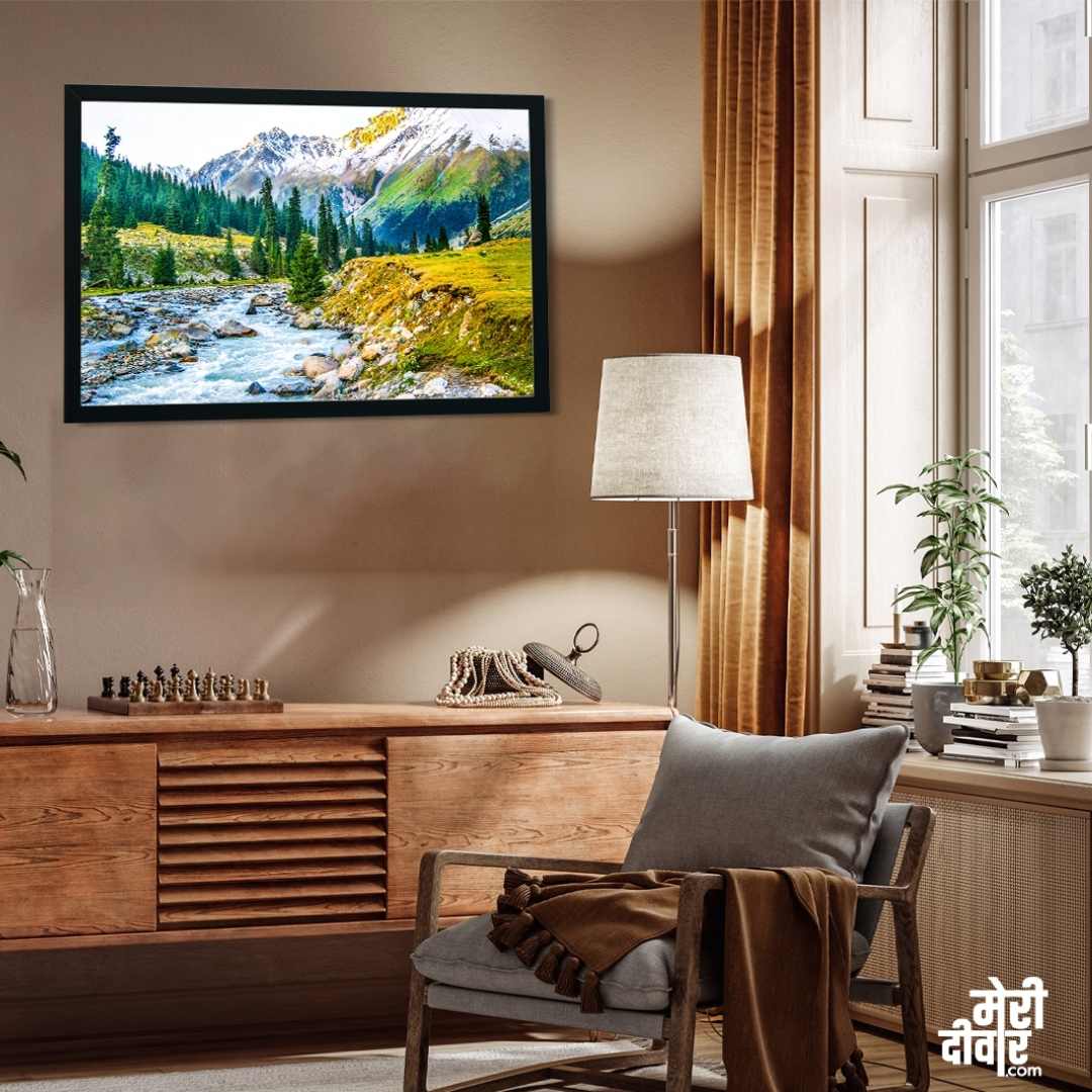 Mountain Scenery Painting for Living Room | River & Snow Peaks Nature Wall Art 3 : 2 Horizontal Premium Wall Art Canvas by MeriDeewar