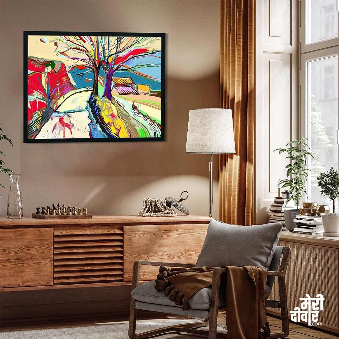 Colourful Abstract Tree Painting for Living Room | Vibrant Nature Wall Art | Giclée Print 3 : 2 Horizontal Premium Wall Art Canvas by MeriDeewar
