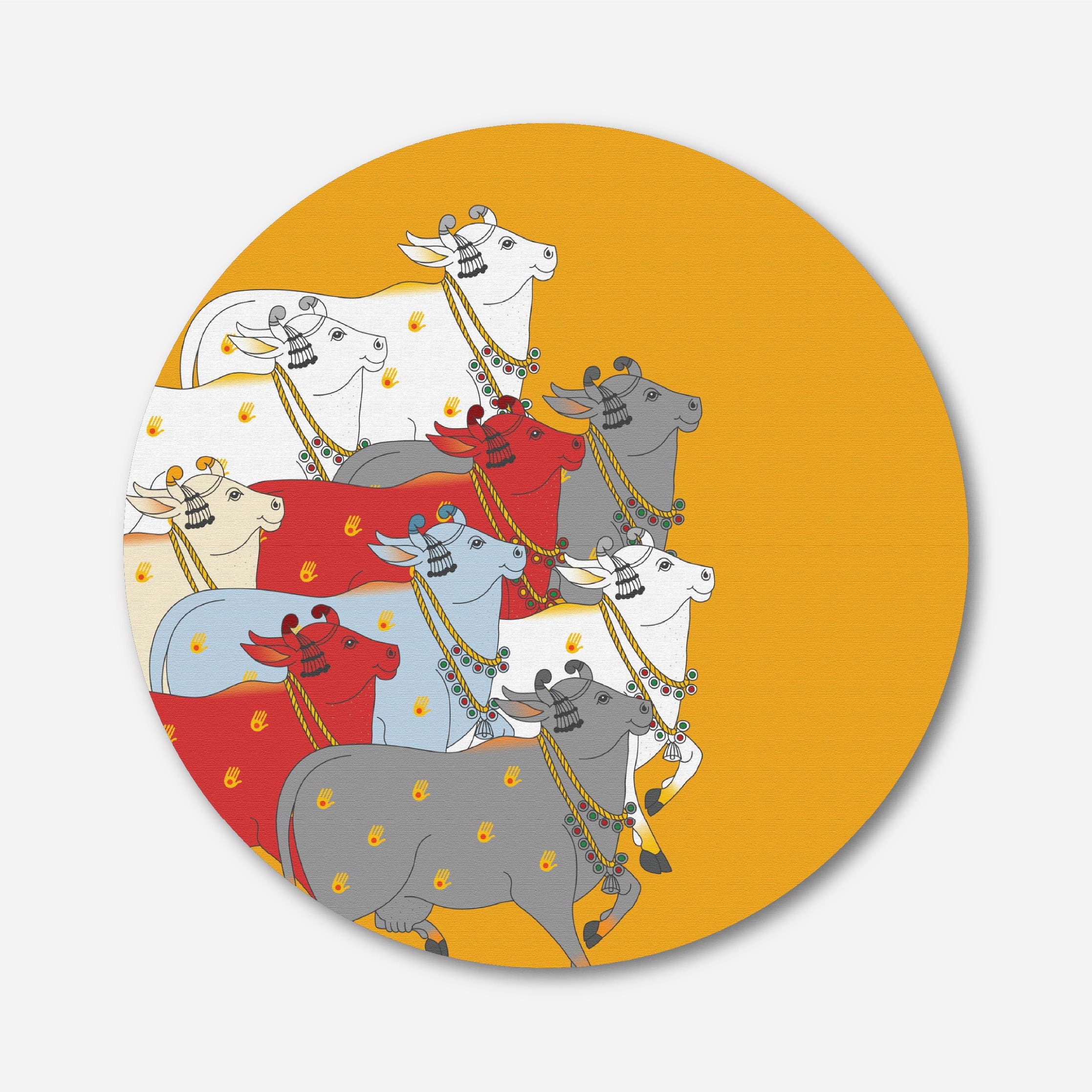 A Beautiful Indian Colorful Cow Circular Canvas Frame Circular Canvas Frame Premium Wall Art Canvas by MeriDeewar