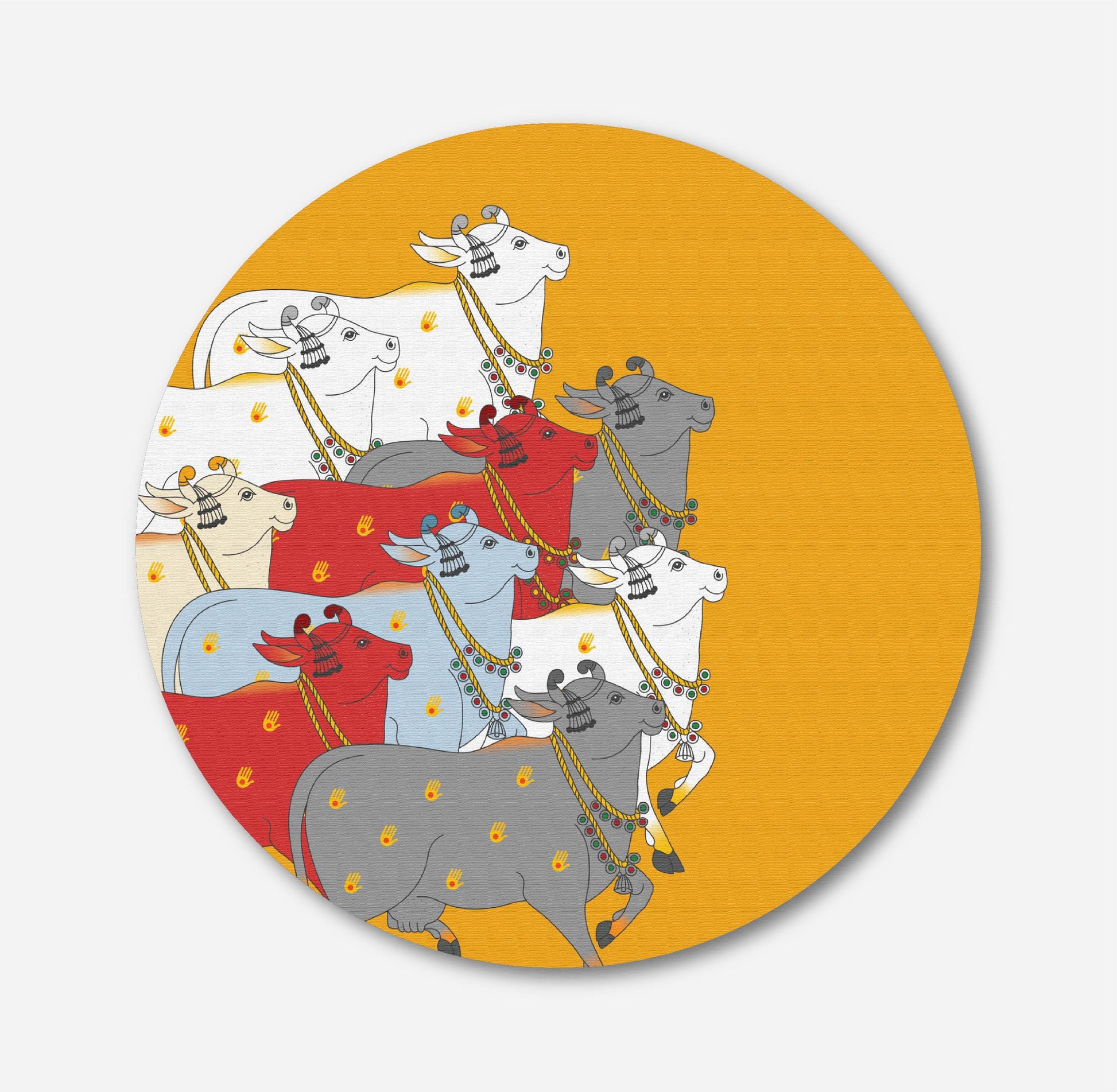 A Beautiful Indian Colorful Cow Circular Canvas Frame Circular Canvas Frame Premium Wall Art Canvas by MeriDeewar