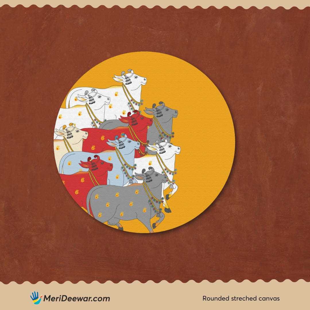 A Beautiful Indian Colorful Cow Circular Canvas Frame Circular Canvas Frame Premium Wall Art Canvas by MeriDeewar