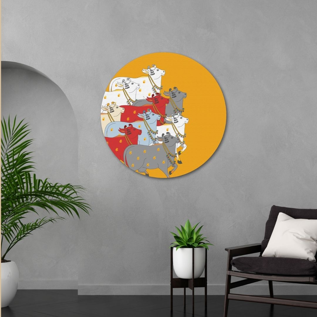 A Beautiful Indian Colorful Cow Circular Canvas Frame Circular Canvas Frame Premium Wall Art Canvas by MeriDeewar
