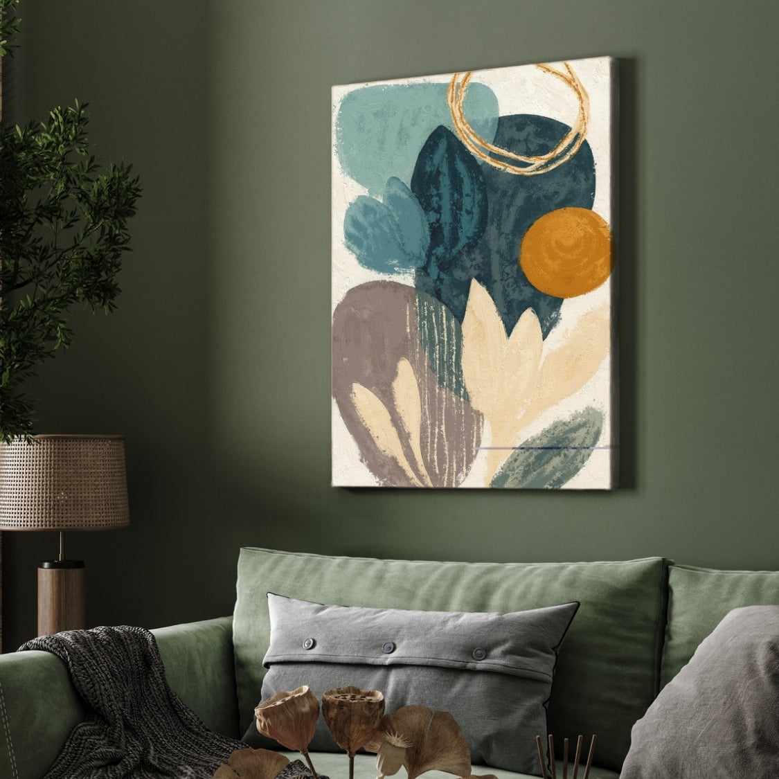 Abstract Botanical Painting for Living Room – Teal & Gold Earthy Wall Art | Giclée Fine Art Print 2 : 3 Vertical Premium Wall Art Canvas by MeriDeewar