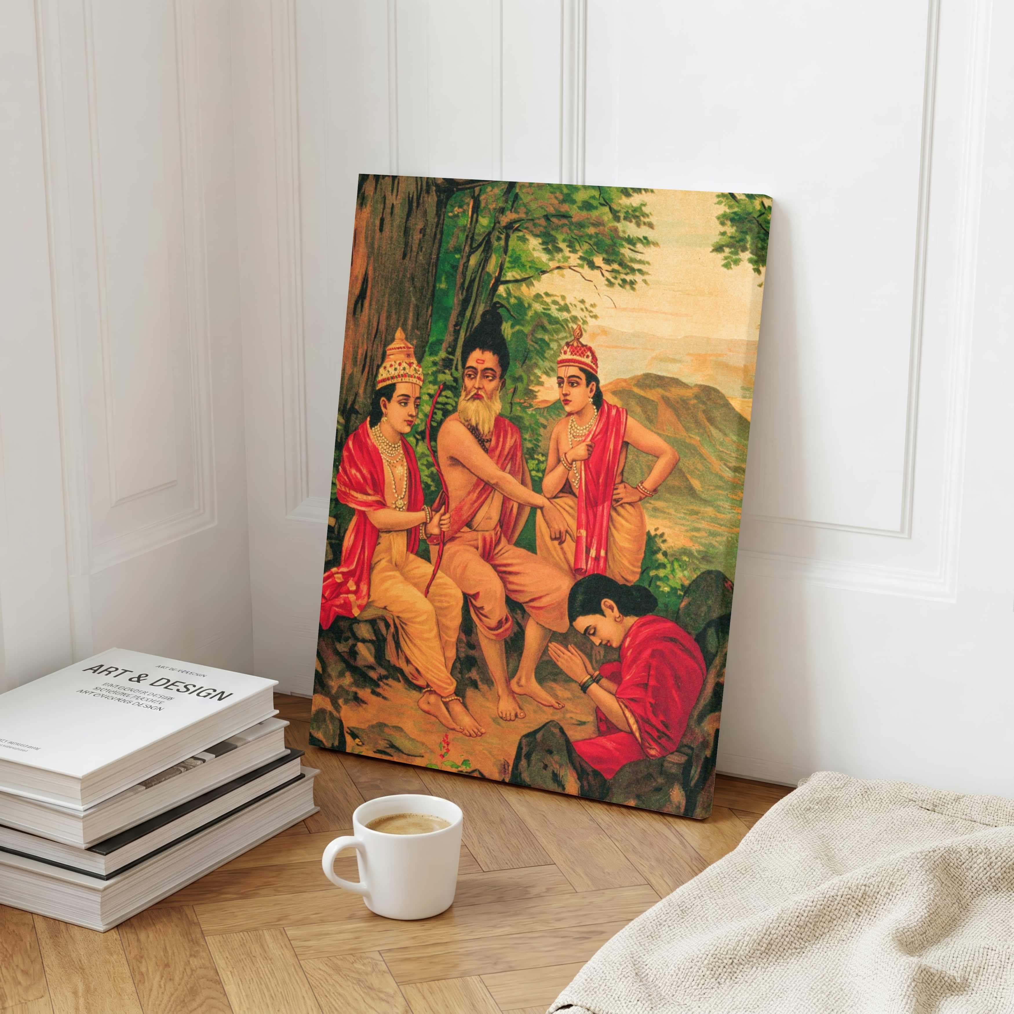 Ahalya Udhar Painting by Raja Ravi Varma | Spiritual Wall Art for Pooja Room & Living Room 2 : 3 Vertical Premium Wall Art Canvas by MeriDeewar