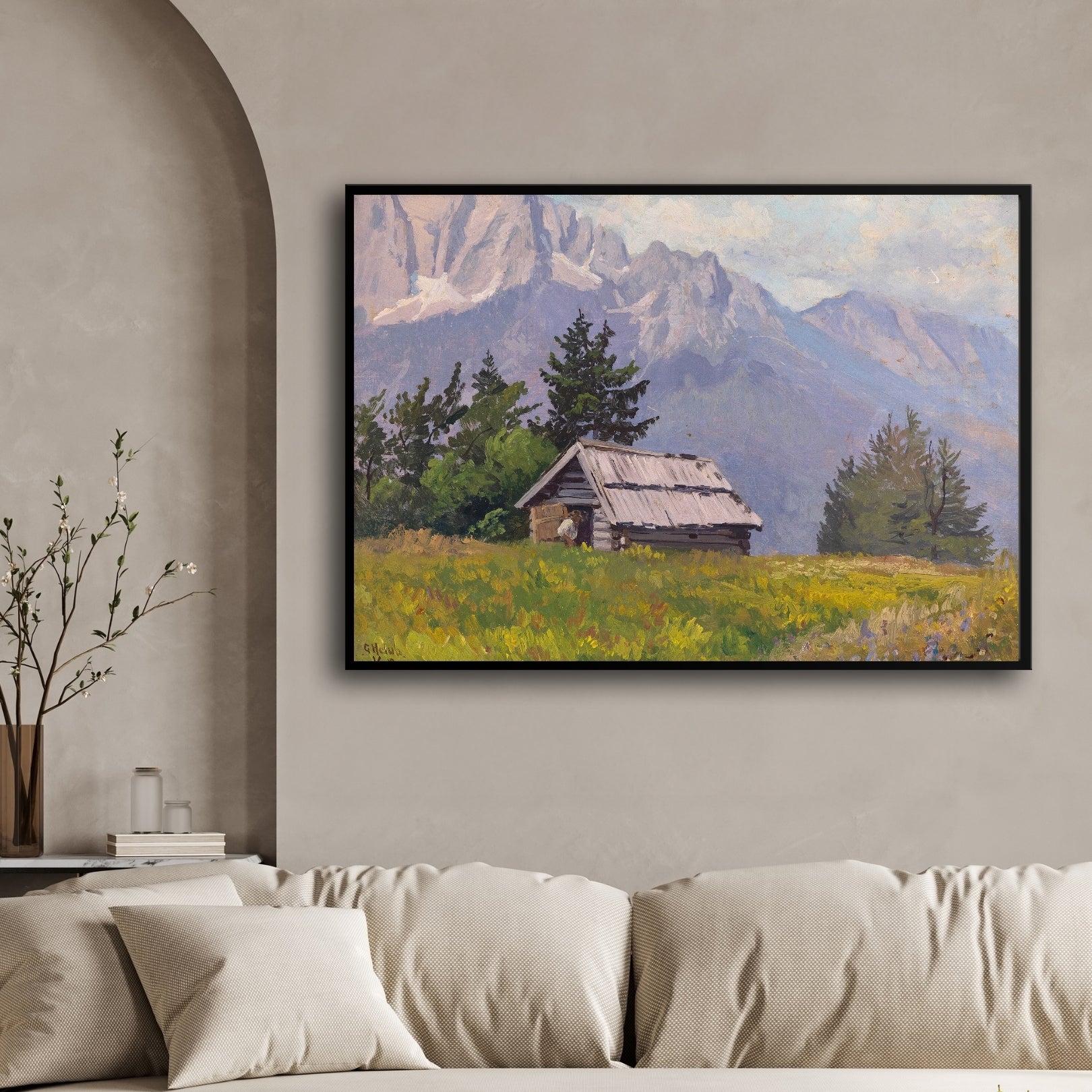 Alpine Cottage Calm – Rustic Mountain Cabin Wall Art 2 : 3 Horizontal Premium Wall Art Canvas by MeriDeewar