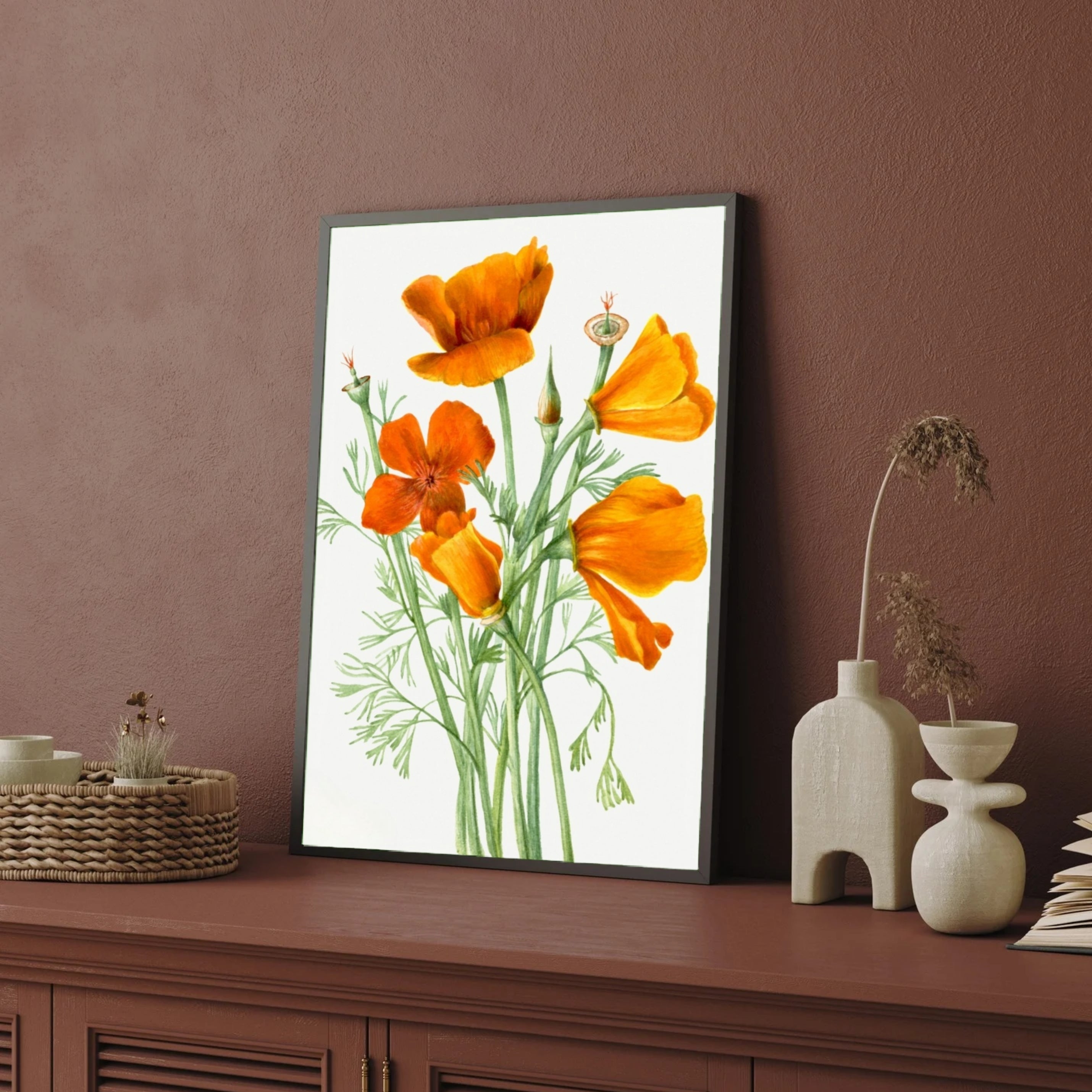 Amber Bloom Botanical Wall Art | Orange Floral Canvas Print India 2 : 3 Vertical Premium Wall Art Canvas by MeriDeewar