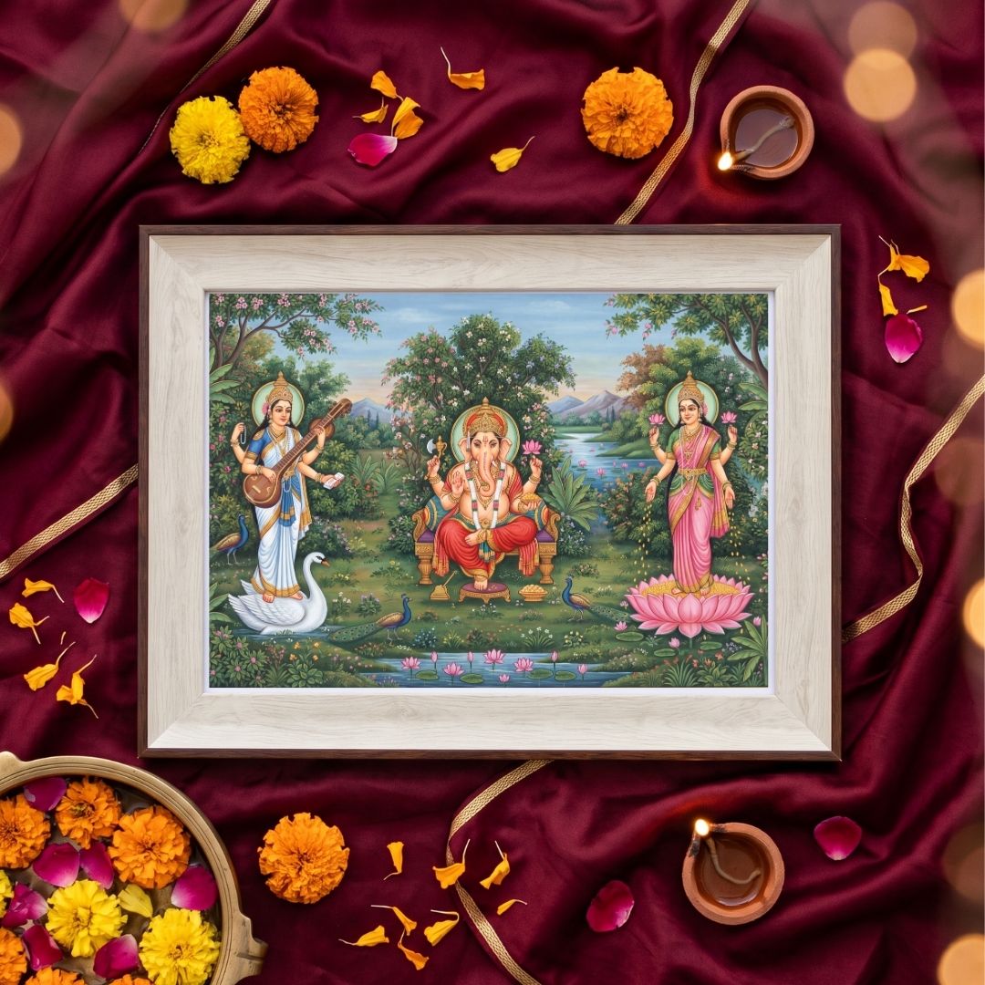 Anugraha | Lakshmi Ganesha Saraswati Horizontal Framed Fine Art Curate Premium Wall Art Canvas by MeriDeewar