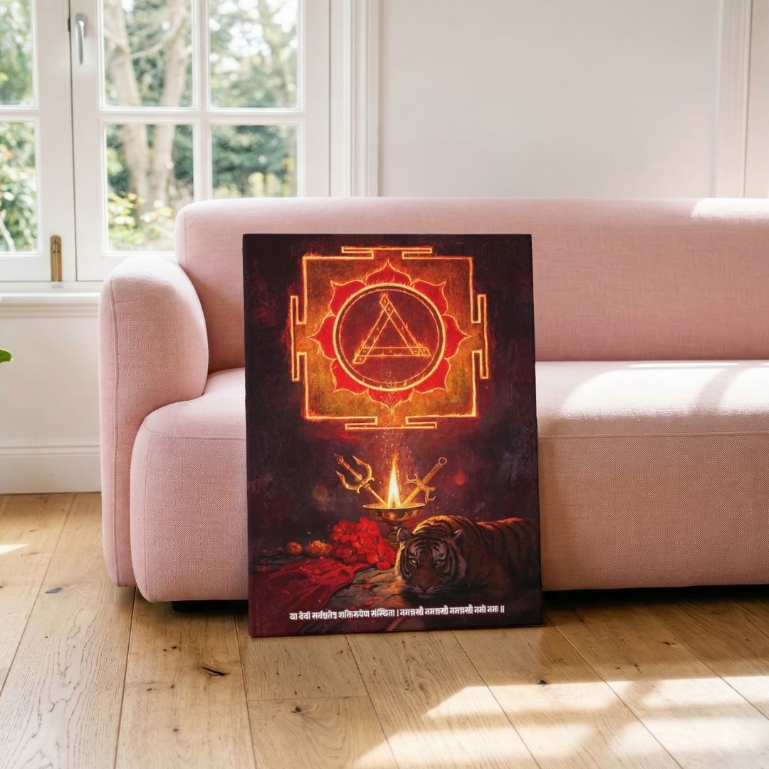 Aparajita | Sacred Durga Yantra, Trishula & Shloka Vertical Canvas. Curate Premium Wall Art Canvas by MeriDeewar