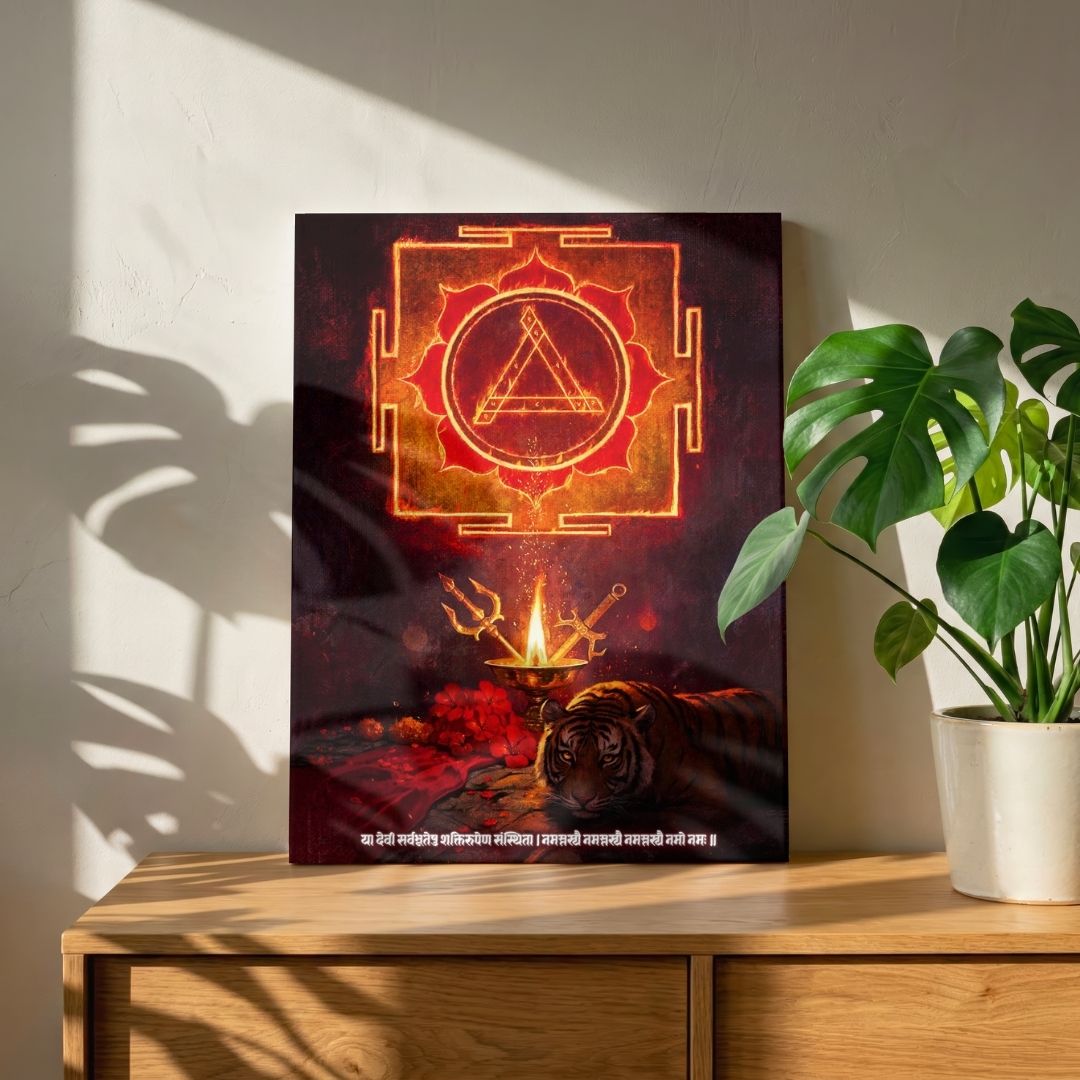 Aparajita | Sacred Durga Yantra, Trishula & Shloka Vertical Canvas. Curate Premium Wall Art Canvas by MeriDeewar