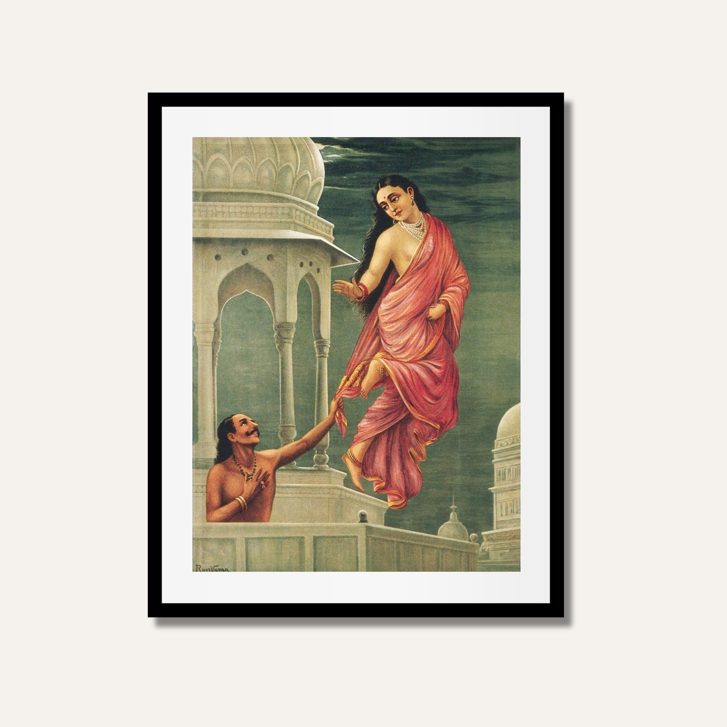 Apsara Urvashi and King Pururavas Painting – Raja Ravi Varma Mythological Wall Art | MeriDeewar 4 X 5.5 Vertical Premium Wall Art Canvas by MeriDeewar