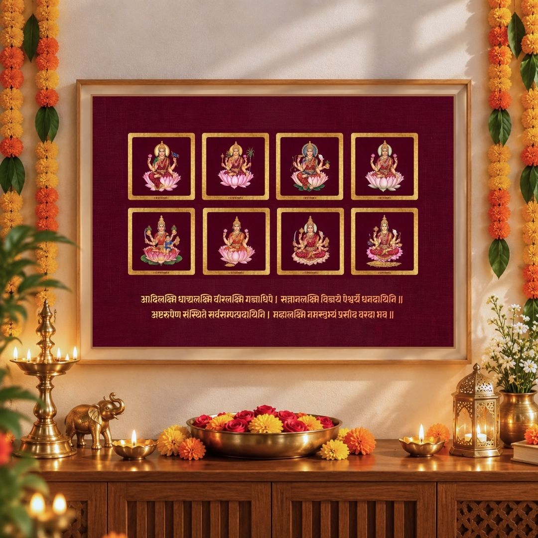 Ashtalakshmi Maha Mandapam | 8 Forms of Goddess Lakshmi Horizontal Framed Art Curate Pinewood Mix Premium Wall Art Canvas by MeriDeewar