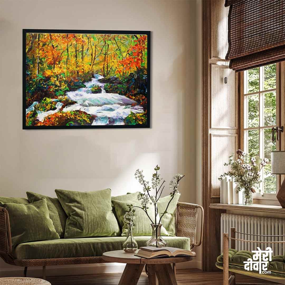 Autumn Forest Stream Scenery Painting for Living Room | Nature Wall Art | Meri Deewar 2 : 1 Horizontal Premium Wall Art Canvas by MeriDeewar