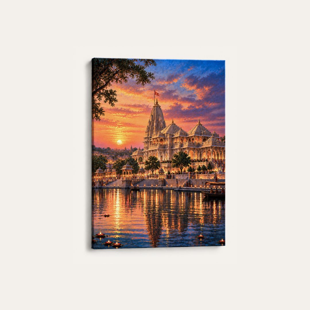 Ayodhya Ram Mandir | Sacred Sarayu Sunset Temple Heritage Canvas Curate Premium Wall Art Canvas by MeriDeewar