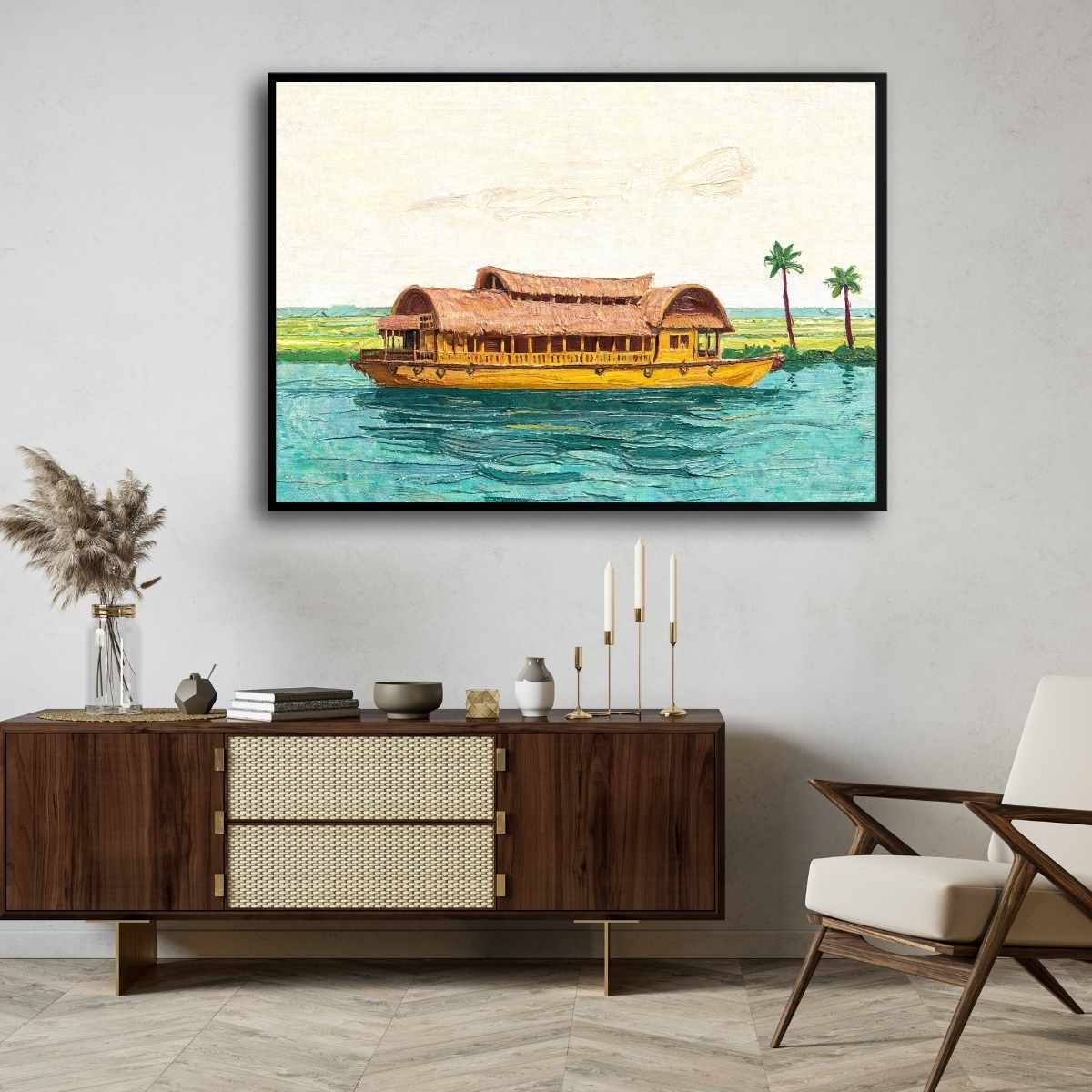 "Backwater Serenade" Kerala Houseboat Landscape Giclée Print | Fine Art Wall Art 2 : 3 Horizontal Premium Wall Art Canvas by MeriDeewar