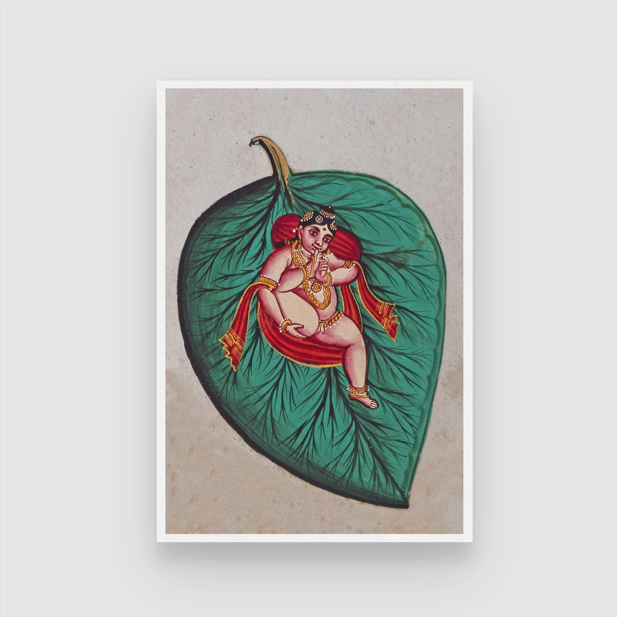 Bala Krishna lying on a banyan leaf, sucking his toe Painting 2 : 3 Vertical Premium Wall Art Canvas by MeriDeewar