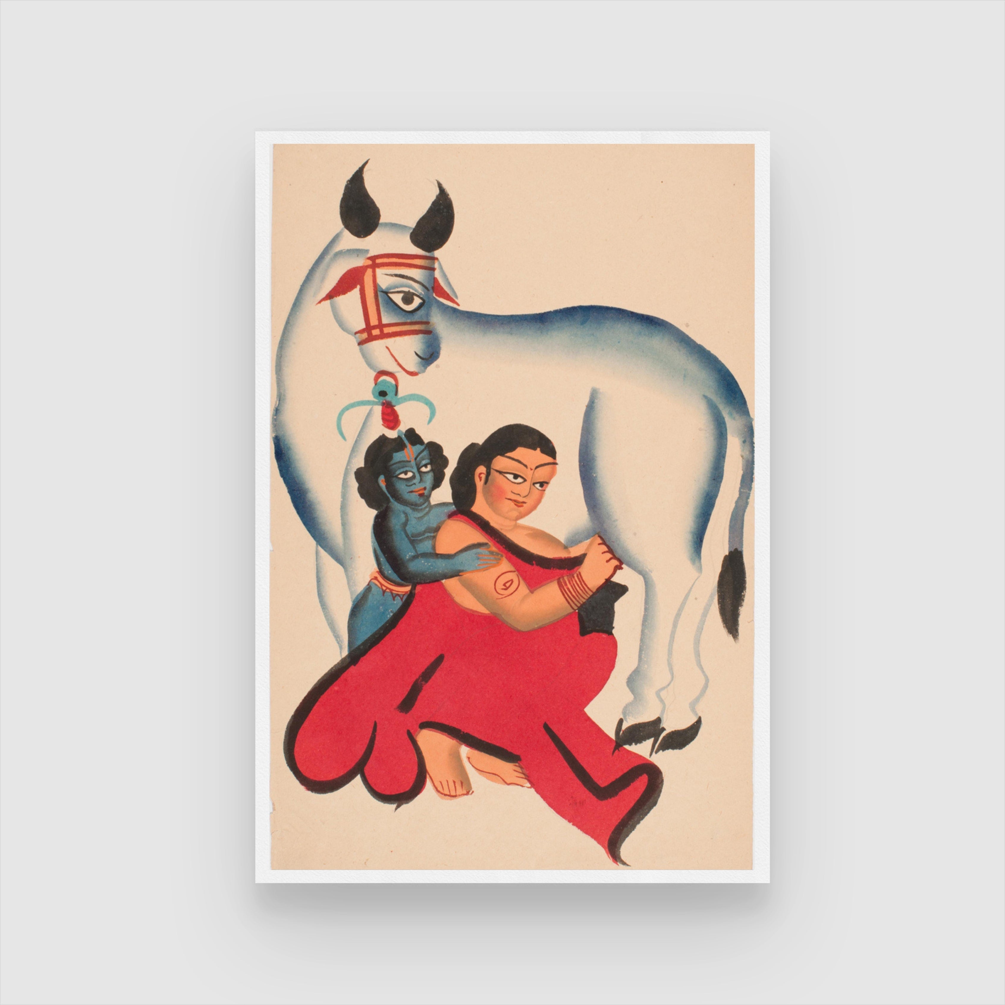 Balkrishna And Yashoda Milks Cow Kalighat Painting 2 : 3 Vertical Premium Wall Art Canvas by MeriDeewar