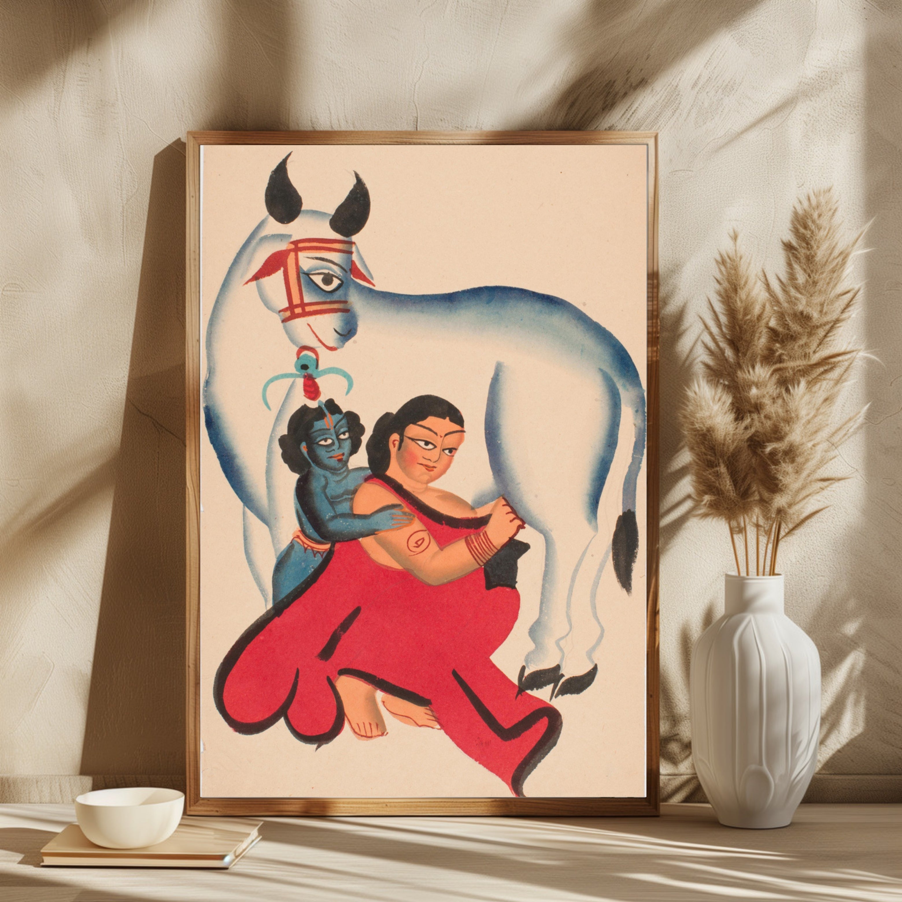 Balkrishna And Yashoda Milks Cow Kalighat Painting 2 : 3 Vertical Premium Wall Art Canvas by MeriDeewar
