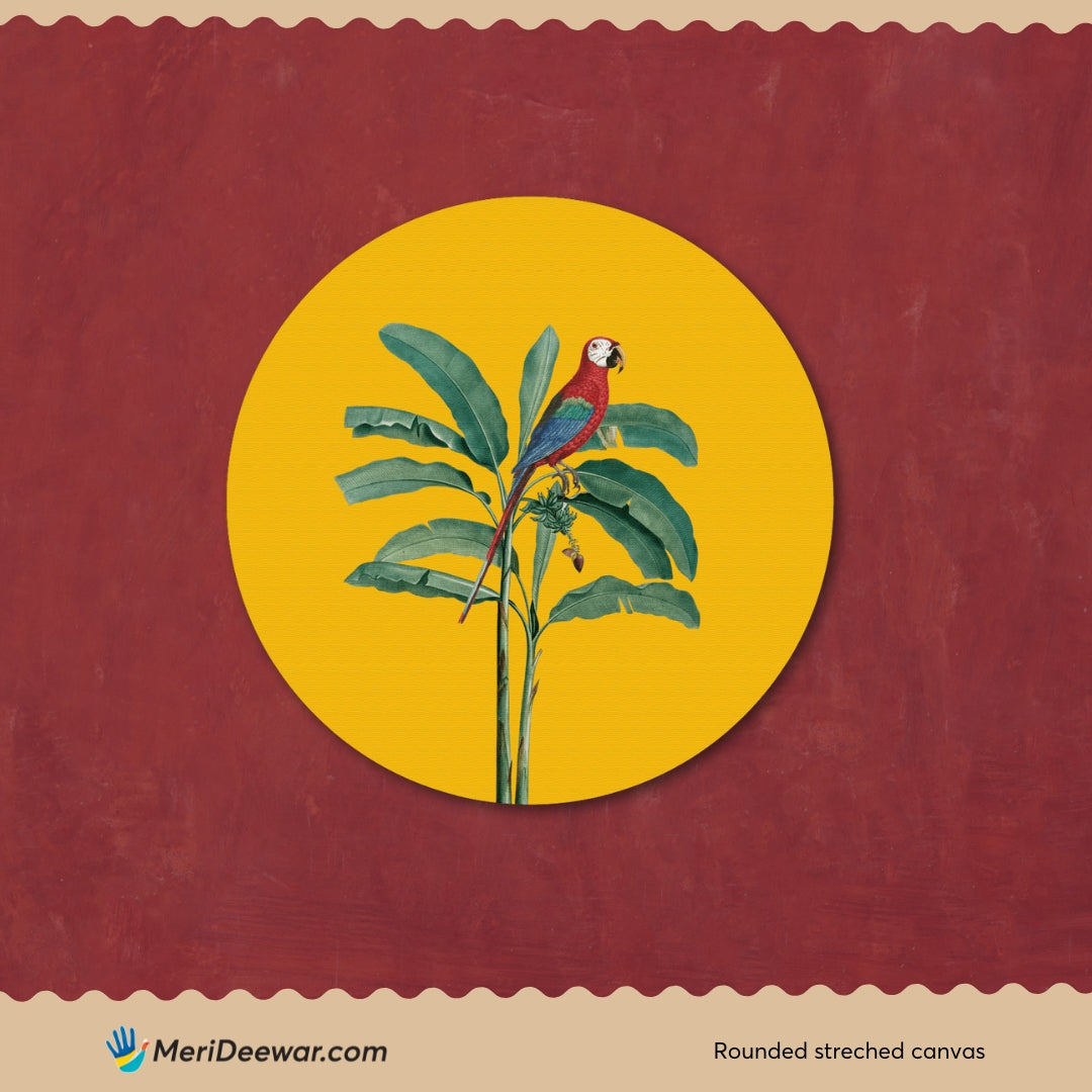 Banana Leaf & Parrot Circular Canvas Frame Circular Canvas Frame Premium Wall Art Canvas by MeriDeewar